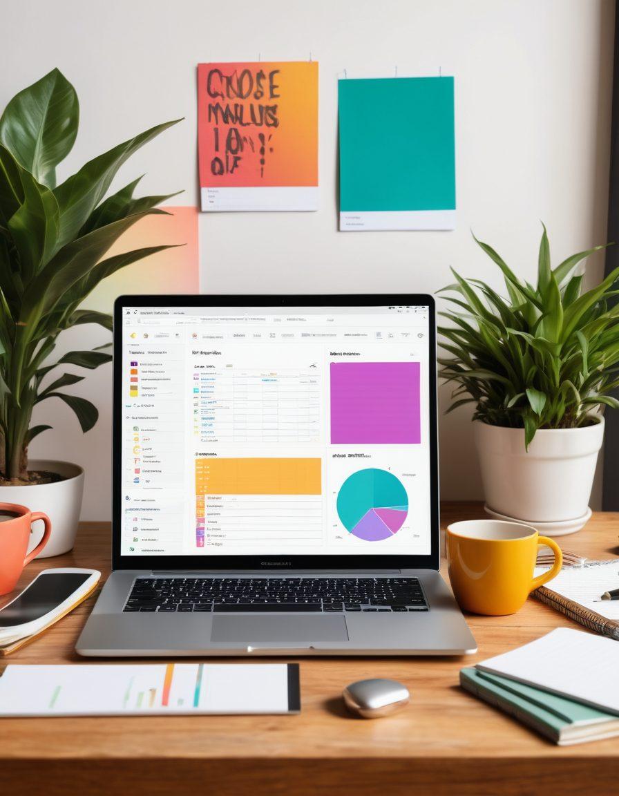 A vibrant workspace scene featuring a laptop open to a colorful blog interface, surrounded by a cup of coffee, notepads, and stylish decor. Include diverse individuals engaged in brainstorming and collaborating over content ideas. The background features a blend of lifestyle elements like plants and books, contrasting with professional elements like charts and graphs on the wall. Bright and uplifting atmosphere. super-realistic. vibrant colors.