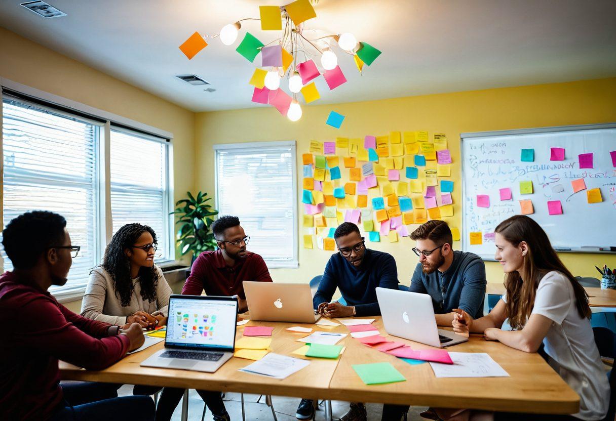 A dynamic scene showcasing a diverse group of people engaged in brainstorming and collaboration around a table with a laptop in the center, colorful sticky notes scattered about, a whiteboard filled with ideas in the background, and light bulbs representing inspiration above their heads. The atmosphere is lively and interactive, emphasizing thought leadership and creativity. super-realistic. vibrant colors. soft focus.